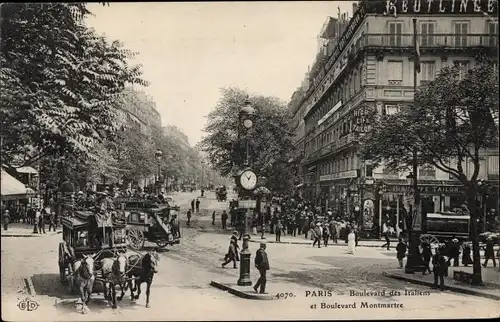 Ak Paris II. Arrondissement Bourse, Boulevard des Italiens, Boulevard Montmartre