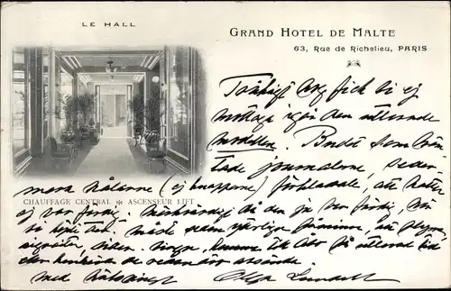 Ak Paris II. Arrondissement Bourse, Grand Hotel de Malte, 63, Rue de Richelieu, Le Hall