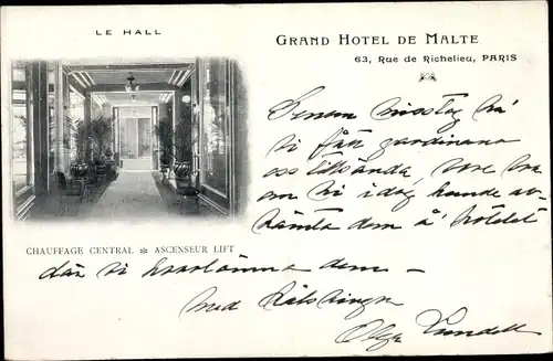 Ak Paris II. Arrondissement Bourse, Grand Hotel de Malte, 63, Rue de Richelieu, Le Hall