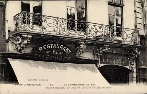 Ak Paris IV., Rue Saint Antoire 133, Restaurant Mme Dalat, Soeurs de Voltaire