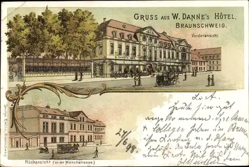 Litho Braunschweig in Niedersachsen, W. Dannes Hotel, Vorderansicht, Rückansicht