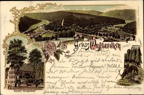 Litho Wendefurth Harz, Hotel Grasshof, Hirsch, Ort