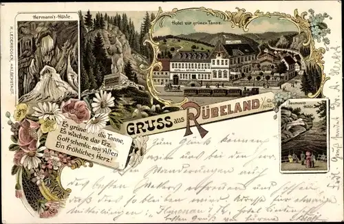 Litho Rübeland Oberharz am Brocken, Hermannshöhle, Hotel zur grünen Tanne