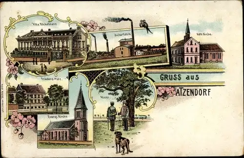 Litho Atzendorf Staßfurt Salzlandkreis, Villa Böckelmann, Zuckerfabrik, Kath. Kirche, Friedensplatz