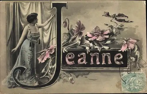 Buchstaben Ak Jeanne, Frau im Kleid, Blumen, Vorhang