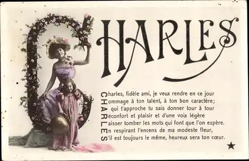 Buchstaben Ak Charles, Frau mit Tochter, Blumen, Kitsch