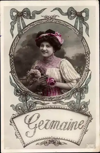 Buchstaben Ak Vorname Germanie, Portrait einer Frau, Schleifen, Kitsch, Rose