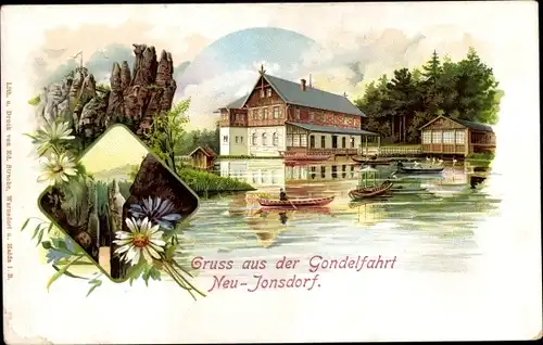 Litho Neu Jonsdorf in Sachsen, Gruß aus der Gondelfahrt, Gasthaus, Ruderboote