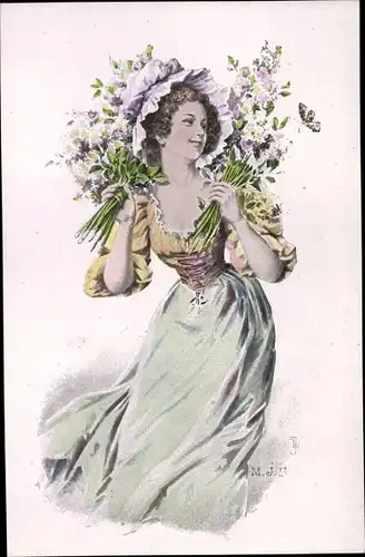 Künstler Ak Portrait einer Frau, Blumen, Schmetterling