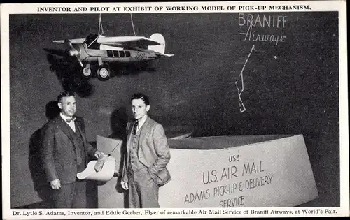 Ak Air mail pick up mechanism and delivery in flight, model, lytle S. Adams, E. Gerber,Braniff Airw.