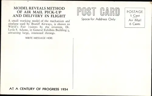 Ak Air mail pick up mechanism and delivery in flight, model, lytle S. Adams, E. Gerber,Braniff Airw.