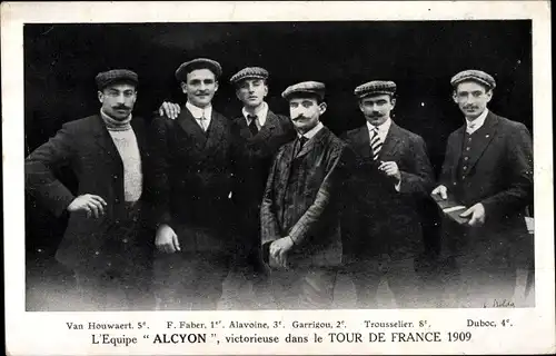 Ak Tour de France 1909, l'Equipe Alcyon, Van Houwaert, F. Faber, Alavoine, Garrigou Trousselier