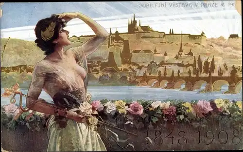 Künstler Ak Oliva, Prag, Jubiläumsausstellung 1908, Plakat Entwurf, Frau mit entb. Brust, Panorama