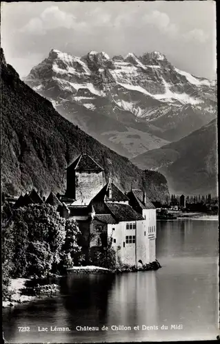 Ak Chillon Lac Léman Kt Waadt Schweiz, Château, vue sur les Dents du Midi
