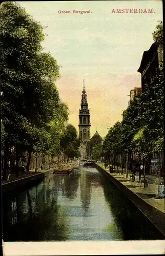 Ak Amsterdam Nordholland Niederlande, Groen Burgwall, Blick zur Oude Kerk