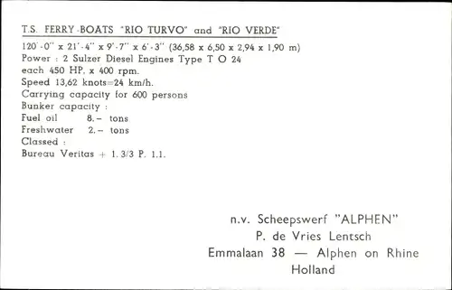 Ak Alphen aan den Rijn Südholland Niederlande, TS Ferry Boats Rio Turvo, Rio Verde