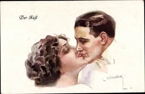 Künstler Ak Usabal, Luis, Der Kuss, Mann und Frau küssen sich, Liebespaar