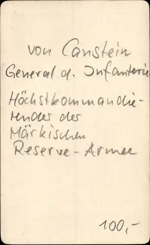 CdV General der Infanterie von Canstein, Höchstkommandierender Märkische Reserve Armee, Orden