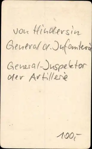 CdV General der Infanterie von Hindersin, Generalinspektor der Artillerie