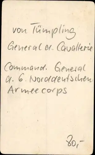 CdV General der Cavallerie von Tümpling, Command. General 6. Norddeutsches Armeecorps