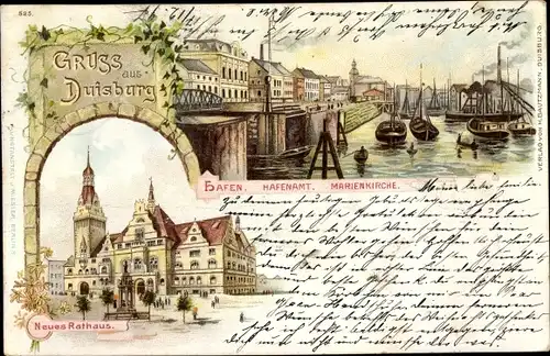 Litho Duisburg im Ruhrgebiet, Hafen mit Hafenamt und Marienkirche, Neues Rathaus