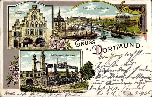 Litho Dortmund im Ruhrgebiet, Stadegarten, Rathaus, Schiffshebewerk Oberwiese, Hafen