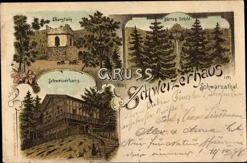 Litho Schwarzburg in Thüringen, Schweizerhaus im Schwarzatal, Eberstein, Dürres Schild