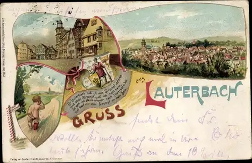 Litho Lauterbach an der Lauter Vogelsbergkreis, Strumpf verloren, weinendes Kind, Panorama