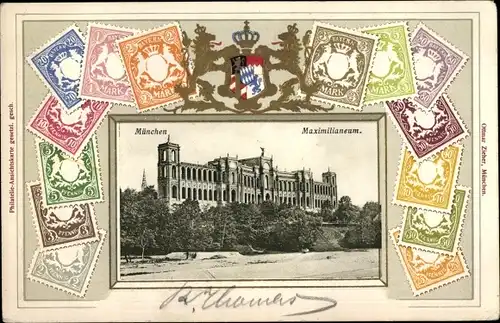 Präge Wappen Briefmarken Passepartout Ak München, Maximilianeum