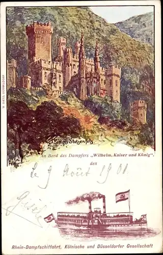 Litho Stolzenfels Koblenz am Rhein, Schloss Stolzenfels, Dampfer Wilhelm, Kaiser und König