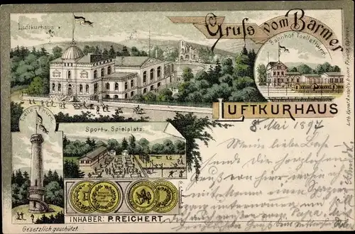 Litho Barmen Wuppertal, Luftkurhaus, Sport und Spielplatz, Toelleturm, Bahnhof