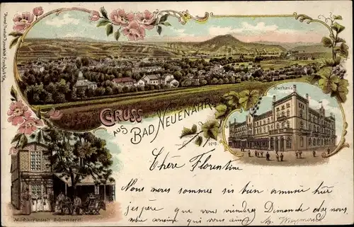 Litho Bad Neuenahr Ahrweiler in Rheinland Pfalz, Kurhaus, Milchkuranstalt Schweizerei, Totale