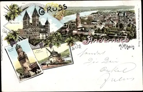 Litho Andernach am Rhein, Panorama vom Ort, Pfarrkirche, Runder Turm, Alter Kran