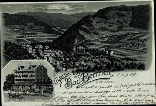 Mondschein Litho Bad Bertrich an der Mosel Eifel, Hotel zur Traube, Blick auf den Ort