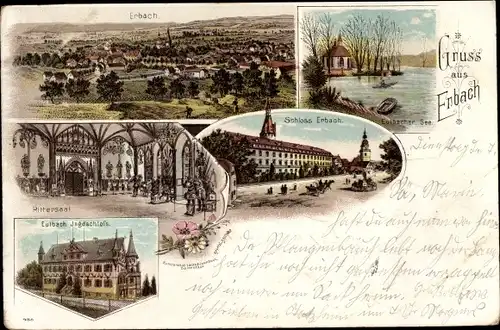 Litho Erbach im Odenwald Hessen, Schloss, Rittersaal, Jagdschloss, Stadtansicht