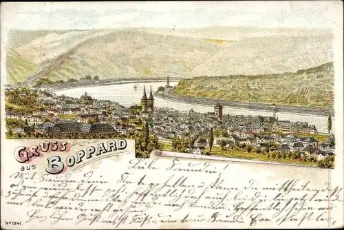 Litho Boppard am Rhein, Totalansicht der Ortschaft