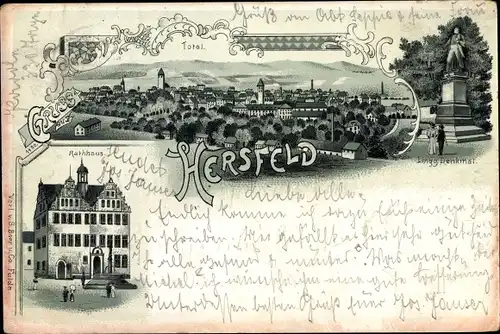 Litho Bad Hersfeld Hessen, Rathaus, Denkmal, Totalansicht der Ortschaft