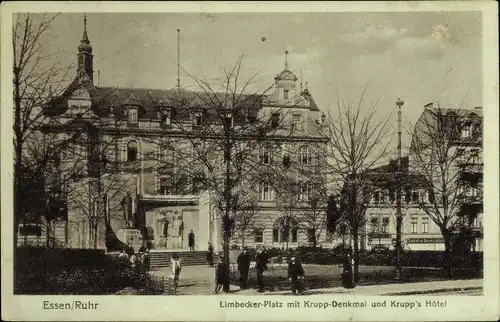Ak Essen im Ruhrgebiet, Limbecker Platz mit Krupp-Denkmal und Krupps Hotel