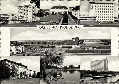 Ak Wolfsburg, Porschestraße, Robert Koch Platz, Rathaus, VW Werk, Krankenhaus
