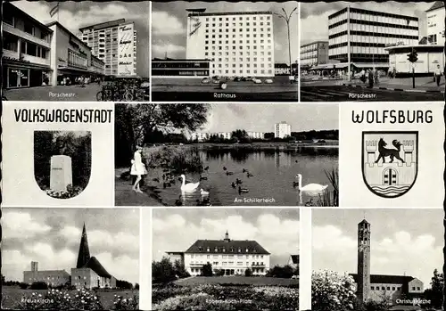 Ak Wolfsburg, Volkswagenstadt, Porschestr., Rathaus, Kreuzkirche, Christuskirche