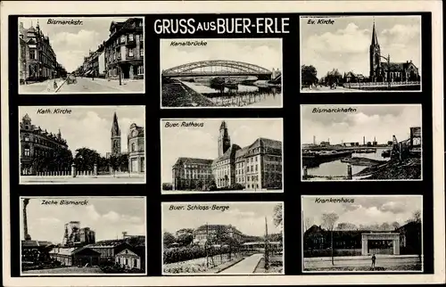 Ak Buer Erle Gelsenkirchen Ruhrgebiet, Kirchen, Rathaus, Zeche, Krankenhaus, Kanalbrücke, Hafen