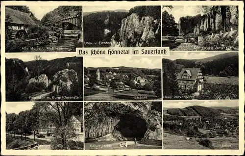 Ak Eisborn Balve im Sauerland, Hönnetal, Alte Mühle, Uhufelsen, Balver Höhle, Burg Klusenstein