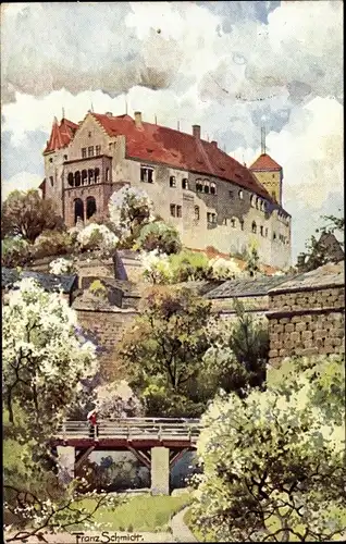 Künstler Ak Schmidt, Franz, Nürnberg, Partie an der Burg, Spaziergängerin im Garten