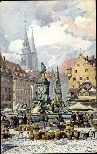 Künstler Ak Schmidt, Franz, Nürnberg in Mittelfranken Bayern, Neptunbrunnen mit Marktplatz