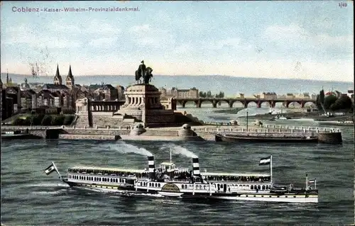 Ak Metternich Koblenz am Rhein, Kaiser Wilhelm Denkmal, Deutsches Eck, Schiff