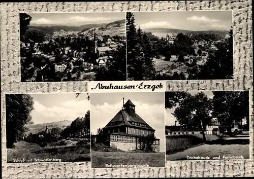 Ak Neuhausen im Erzgebirge, Hotel Kammbaude, Dachsbaude, Schwartenbergbaude, Schloss