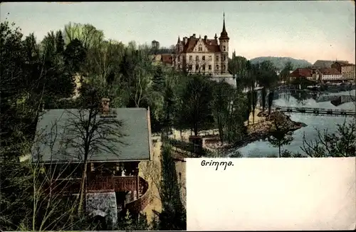 Ak Grimma in Sachsen, Blick zur Stadt mit Uferpartie, Steg