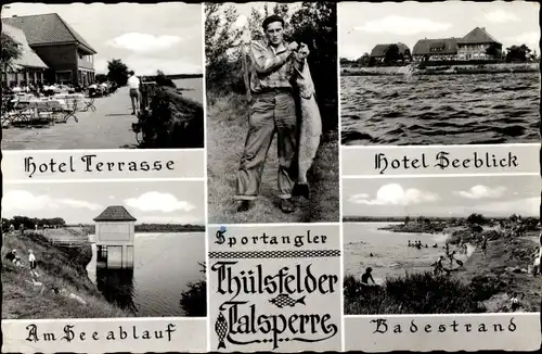 Ak Thüle Friesoythe in Niedersachsen, Angler mit Hecht, Hotel Seeblick, Terrasse, Badestrand