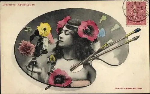 Passepartout Ak Malerpalette, Frauenportrait, Blumen, Mohnblüten