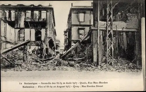 Ak Thessaloniki Griechenland, Quais, Rue Max Harden, Incendie 1917, Ruinen